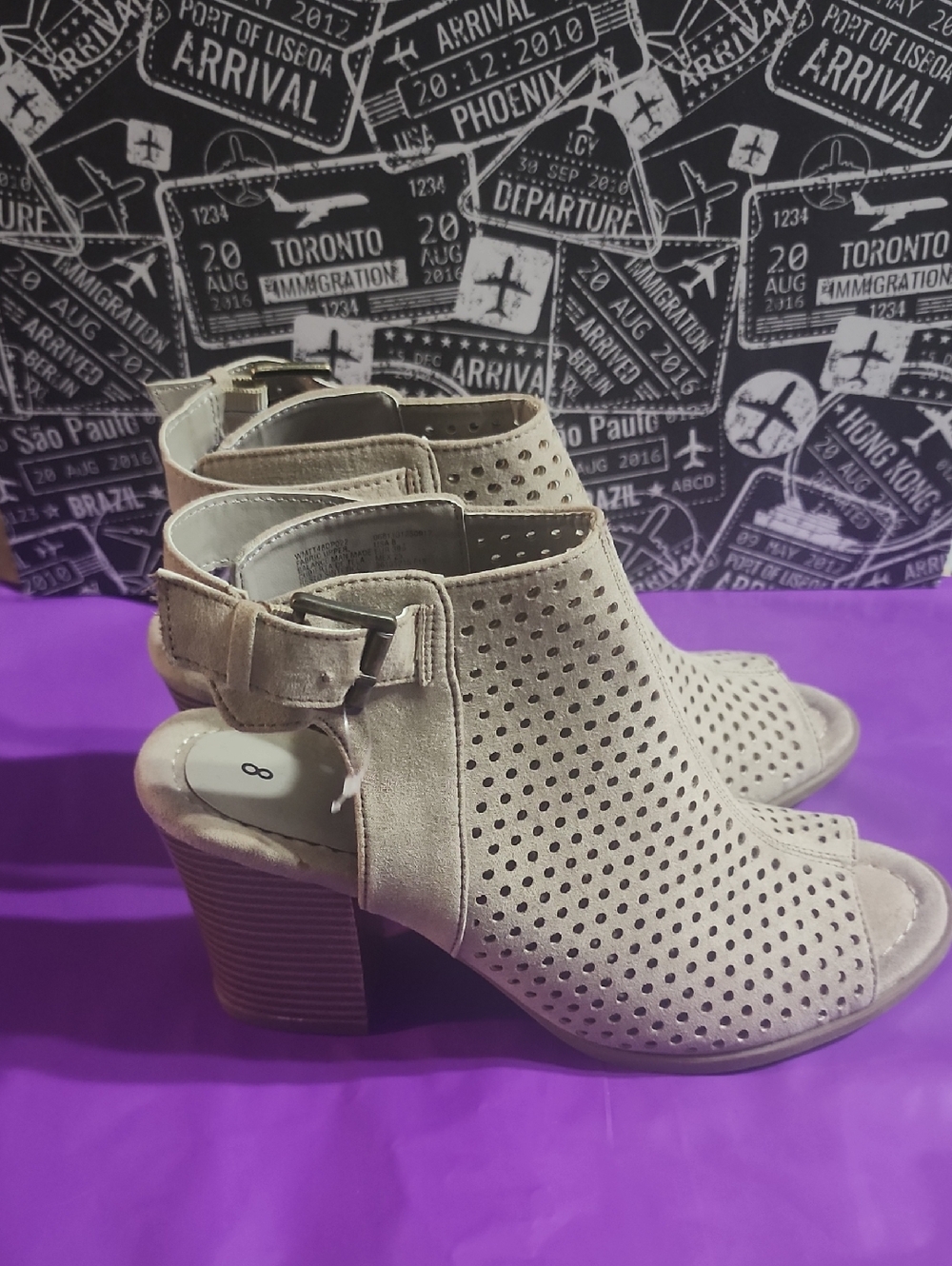 Time And Tru Womens Suede Perforated Peep-Toe Block Heel Sandals - Beige